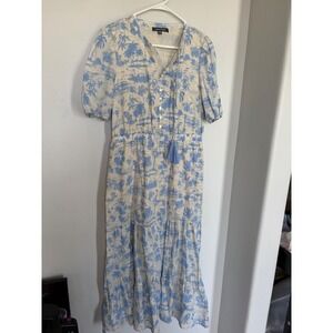Laurel Grey Womens Blue Tropical Toile Midi Dress Elastic Waist Pockets Size M